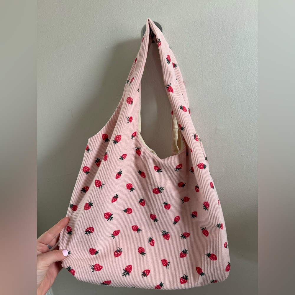 Pink Strawberry Print Tote Bag